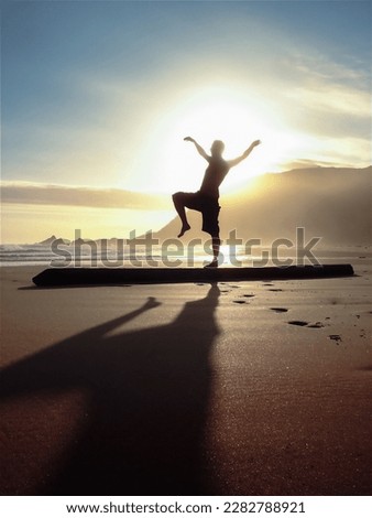 Man Holding Crane Stance while Balancing on a Log on the Beach Backlit by The Sun Royalty-Free Stock Photo #2282788921