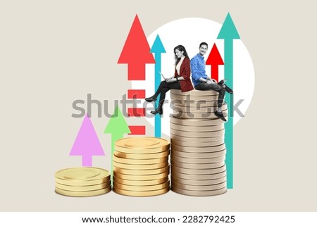 Team of Businesswoman and Businessman with laptop on a stack of money and rising arrows up on color background. Success Concept. Art collage. 
