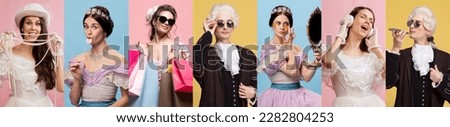 Set of portraits og young royal people, man and woman posing with different modern stuffs against multicolored background. Concept of comparison of eras, modernity and renaissance, baroque style. Royalty-Free Stock Photo #2282804253