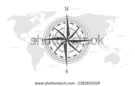 Nautical Compass. World map background. Global travel, tourism, exploration concept. Vector stock