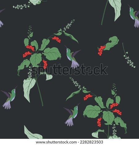 Seamless vector illustration with tropical rivina and hummingbirds on a black background. For decorating textiles, packaging, paper.