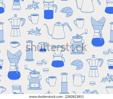 Seamless pattern of tools for brewing coffee, sweets, and coffee branch. Line art, retro. Vector illustration for coffee shops, cafes, and restaurants. Royalty-Free Stock Photo #2282823851