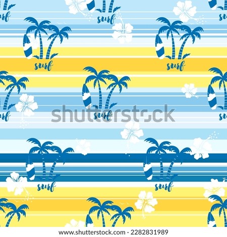 Seamless pattern in the summer mood with windsurf, plam trees, flowers vector in hand drawn style on stripe design for fashion,fabric,and all prints  Royalty-Free Stock Photo #2282831989