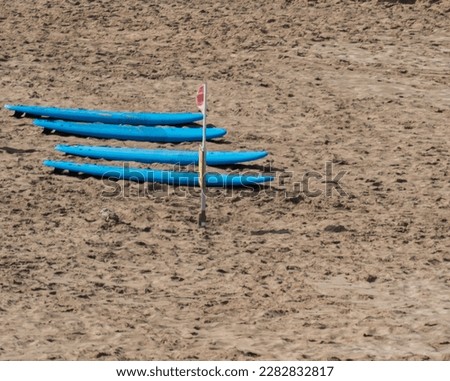 four blue surfboards lie side by side on the beach