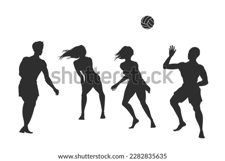 Beach volleyball silhouette. Young people play on sand. Outdoor summer game. Isolated sport activity scene. Vector illustration