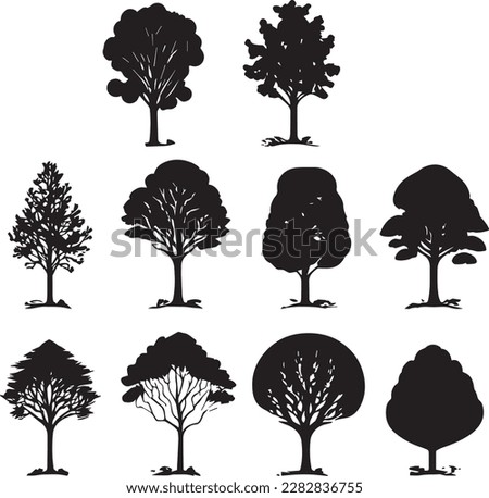 Vector Set of plant and tree silhouette illustration, Minimalist tree silhouette set