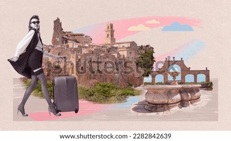 Stylish elegant woman, lady in stylish clothes travelling to european city. Vintage city view and landmarks. Contemporary art collage. Travell and architecture concept. Colorful design for postcard Royalty-Free Stock Photo #2282842639