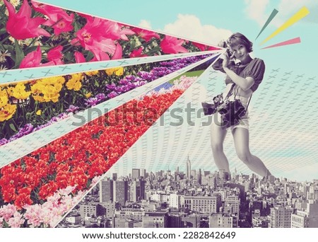 Stylish young girl, nature photographer taking photos of beautiful multicolored flowers. Springtime tourism. Contemporary art collage. Travell and architecture concept. Colorful design for postcard