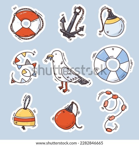 cute hand drawn illustration of fishing nets, and cartoon seagull, vector colorful art for cards, design