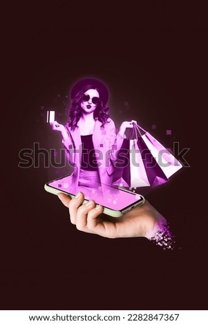 Photo collage projection phone digital technology young shopaholic girl hold debit card online fashion model isolated on dark background