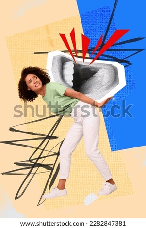 Vertical collage picture of mini girl arms hold heavy big talking screaming mouth isolated on painted background Royalty-Free Stock Photo #2282847381