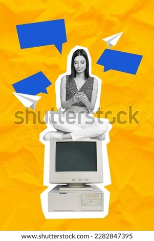 Photo collage artwork minimal picture of smiling happy lady chatting sending messages isolated drawing background
