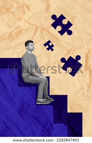 Creative retro 3d collage image of stressed depressed guy sitting stairs uncomplete puzzle isolated painting background