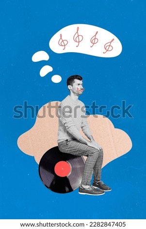 Creative template graphics collage image of funny serious guy sitting vinyl plate creating music isolated drawing background