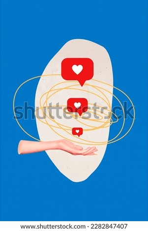 Photo collage artwork minimal picture of arm holding love heart feedback buttons isolated drawing background