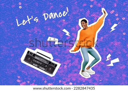 3d retro creative artwork template collage of funny lady guy dancing having fun listening boom box isolated painting background