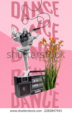 Photo collage artwork minimal picture of carefree lady singing karaoke listening boom box isolated drawing background