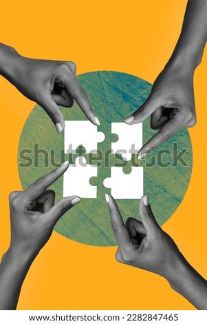 Image artwork creative business collage of four different people coworkers have aim achieve solving work task connect all puzzle