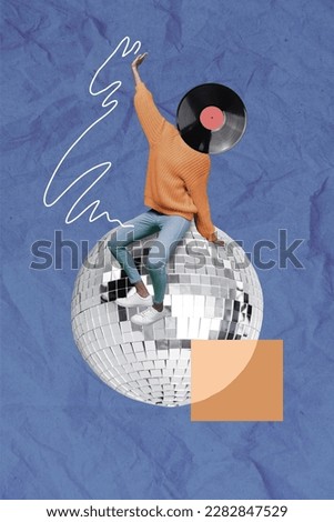 Creative template collage of strange freak person with vinyl plate face enjoy night club on glowing disco ball Royalty-Free Stock Photo #2282847529