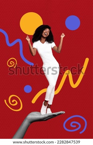 Vertical collage picture of big arm palm hold mini cheerful dancing girl isolated on painted red background