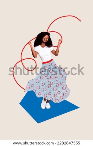 Photo cartoon comics sketch collage picture of happy smiling lady dancing having fun isolated drawing background