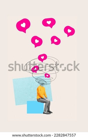 Photo cartoon comics sketch collage picture of sitting guy love hearts tornado instead of head isolated drawing background Royalty-Free Stock Photo #2282847557