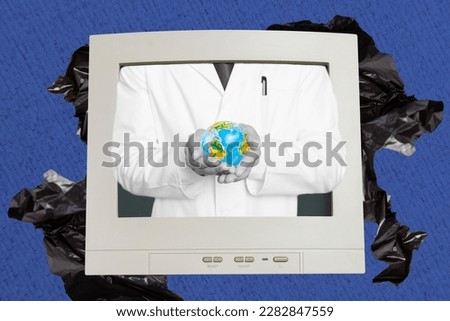Creative abstract template graphics collage image of doctor inside retro computer holding small planet isolated drawing background