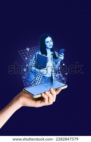 Composite futuristic hitech collage of young girl hold smartphone virtual hologram hold book browsing internet isolated on blue background Royalty-Free Stock Photo #2282847579