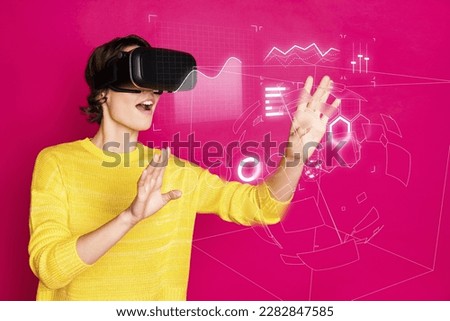 Photo of young woman wear wireless headset virtual reality unexpected how deep cyber simulation data metaverse isolated on pink background