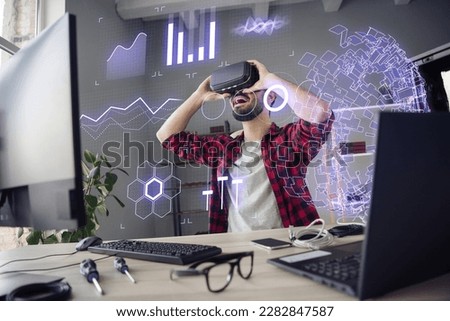 Creative photo banner collage of young engineer man simulation finance system wear headset virtual reality risk management isolated indoors