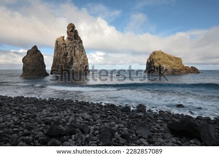 Volcanic rocks formations, Atlantic ocean cost at Ribeira de Janela, near Porto Moniz on Madeira island,  Portugal