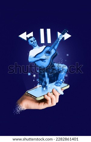 Creative trend 3d graphics collage of holographic futuristic modern app for listening music audio with young guy guitarist