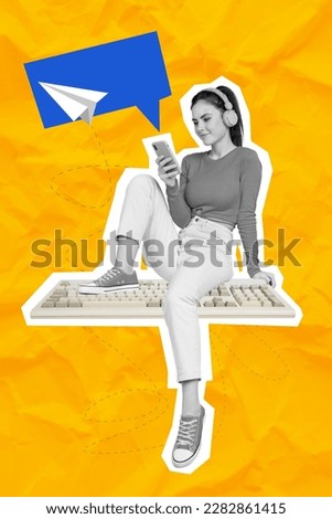 Vertical collage image of mini black white gamma girl sit big keyboard use smart phone chatting ukraine news isolated on yellow background