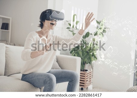 Trend unusual template collage of young lady wear goggles vr box touch fingers screen choose setting for future home technology