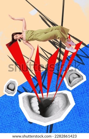 Vertical collage image of impressed mini girl fall flying huge black white effect talking mouth yell isolated on drawing divided background