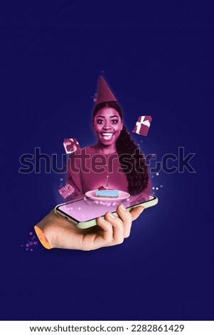 Creative trend modern 3d collage of happy young lady holographic notification advertise shop gifts for occasions