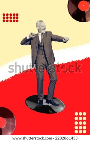 Vertical sketch photo collage of happy funny positive pensioner man dancing on vinyl record enjoy music isolated drawing background