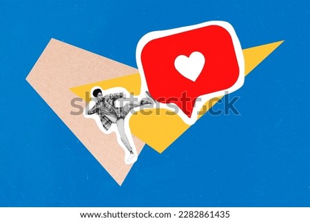 Creative illustration photo collage of angry disappointed guy kicking huge red social media like icon isolated on blue color background