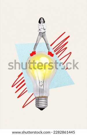 Vertical photo collage of impressed astonished staring girl standing on bulb excellent idea thought isolated white color background