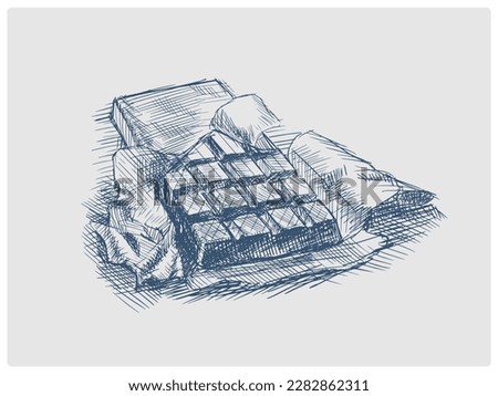 Bar of chocolate sketch obsolete blue style vector illustration. Old hand drawn azure engraving imitation.