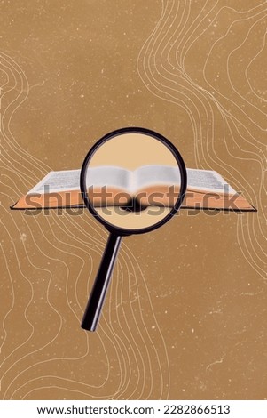 Creative banner poster collage of magnifying glass school student concept searching materials in book for courses lecture
