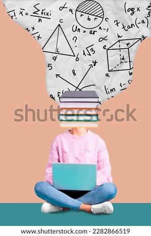 Creative picture magazine collage of young student with textbook face learning math via web netbook academic wisdom courses