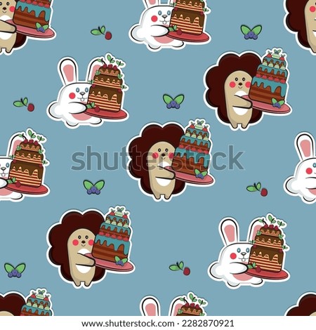Hedgehog and hare with cake pattern, birthday, animals, pastries, sweets, hedgehog and hare carries a cake, cartoon, background, seamless image
