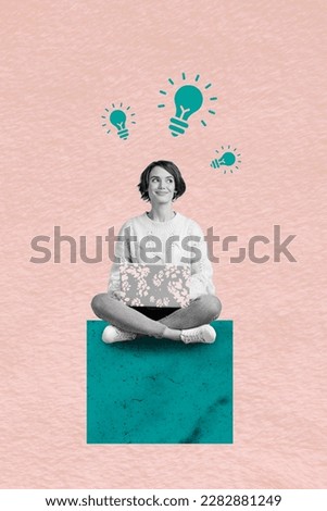 Photo picture minimal collage of young girl sitting browsing laptop online lightbulb creative idea invent something new isolated on pink background