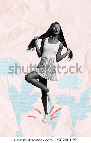 Photo collage of youngster carefree girl dancing have fun touching hair tails pin up pop artwork design isolated over painted pink blue background