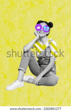 Creative picture template collage of funny young lady influencer with social media reaction spectacles online communication concept