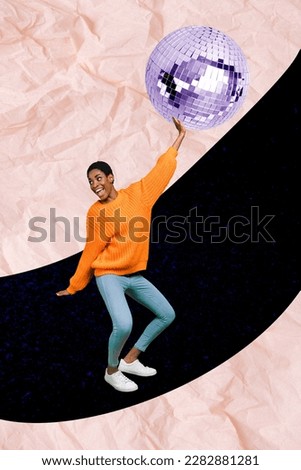 Collage photo of youngster careless girl dancing have fun night club have fun listen music discoball freedom performance isolated on drawn background