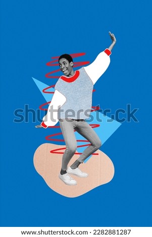 Collage 3d pinup pop retro sketch image of funky smiling lady guy having fun dancing isolated painting background