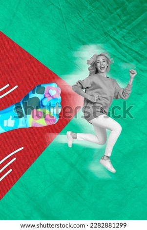 Template creative collage of young funny excited girl blogging enjoy social media popularity fist kick woman jumping isolated on green background