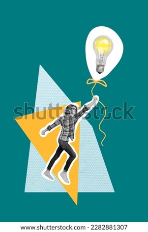 Creative 3d photo artwork graphics collage painting of happy carefree guy flying bulb balloon isolated drawing background